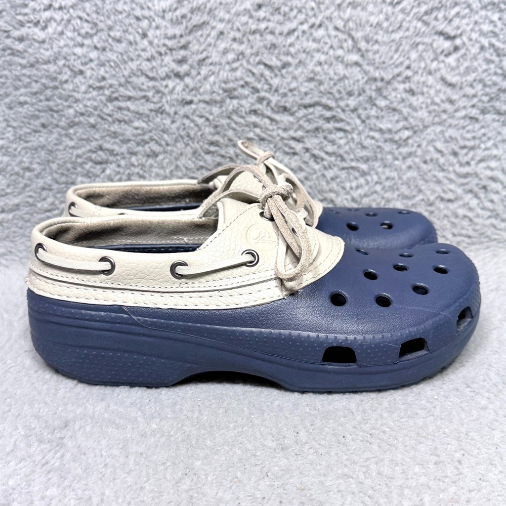 Crocs Islander Pitcrew Womens Size 9 Boat Shoes Navy Blue White Leather Lined